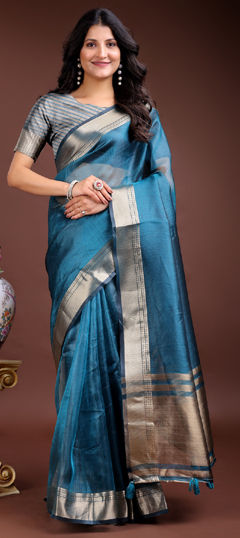 Green color Saree in Organza Silk fabric with Weaving work