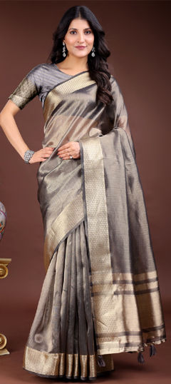 Black and Grey color Saree in Organza Silk fabric with Weaving work