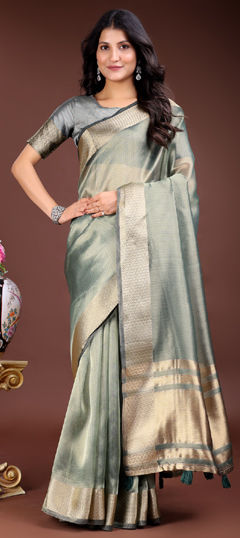 Green color Saree in Organza Silk fabric with Weaving work