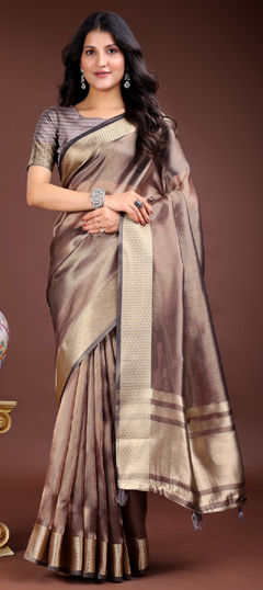 Beige and Brown color Saree in Organza Silk fabric with Weaving work