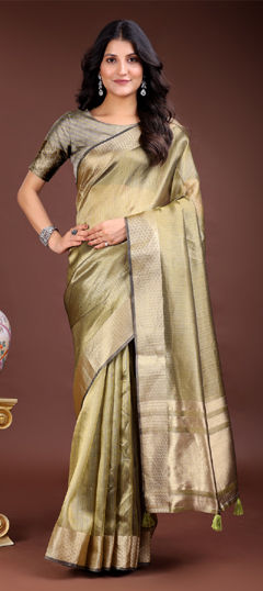 Green color Saree in Organza Silk fabric with Weaving work