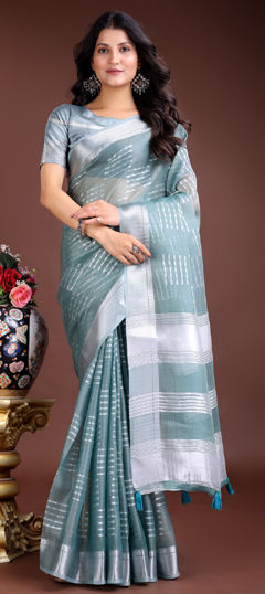 Green color Saree in Organza Silk fabric with Weaving work