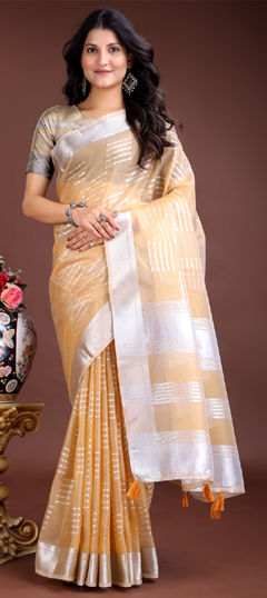 Yellow color Saree in Organza Silk fabric with Weaving work