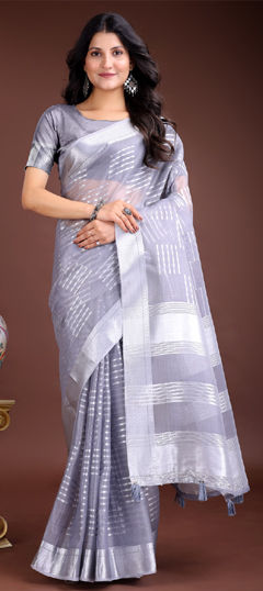 Black and Grey color Saree in Organza Silk fabric with Weaving work