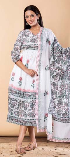 Green, White and Off White color Dress in Malmal fabric with Printed work
