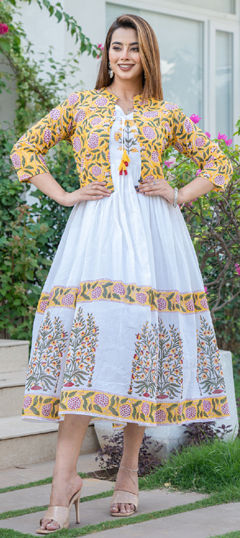 White and Off White, Yellow color Dress in Malmal fabric with Printed work