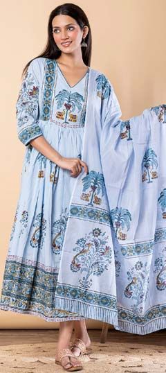 Blue color Dress in Malmal fabric with Printed, Sequence work