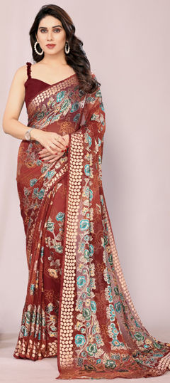 Beige and Brown color Saree in Brasso fabric with Bandhej, Floral, Printed work