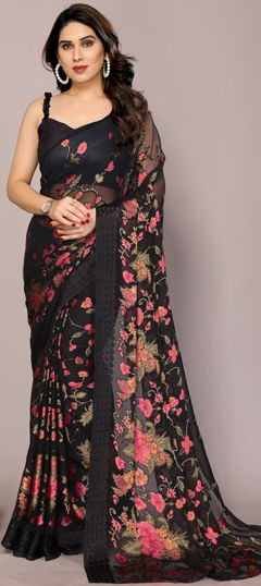 Black and Grey color Saree in Brasso fabric with Bandhej, Floral, Printed work