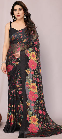 Black and Grey color Saree in Brasso fabric with Bandhej, Floral, Printed work
