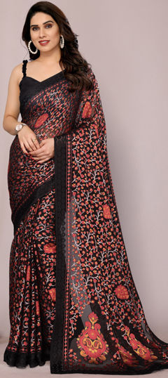 Black and Grey color Saree in Brasso fabric with Bandhej, Floral, Printed work
