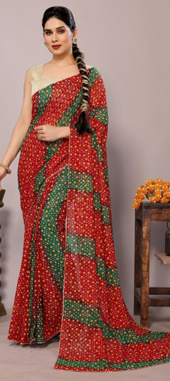 Red and Maroon color Saree in Georgette fabric with Bandhej, Lace, Printed work