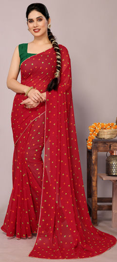 Red and Maroon color Saree in Georgette fabric with Bandhej, Lace, Printed work