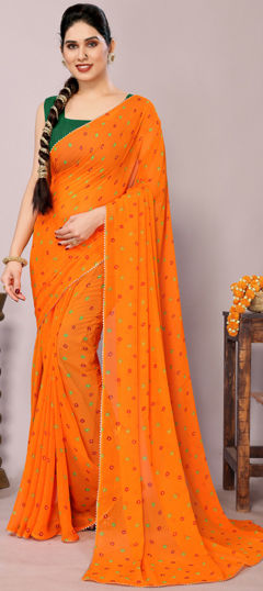Orange color Saree in Georgette fabric with Bandhej, Lace, Printed work