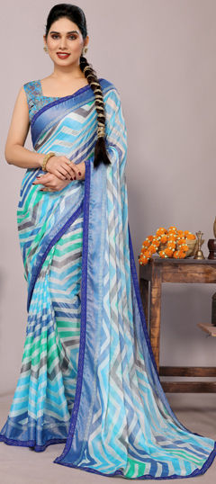 Blue color Saree in Chiffon fabric with Lace, Lehariya, Printed work