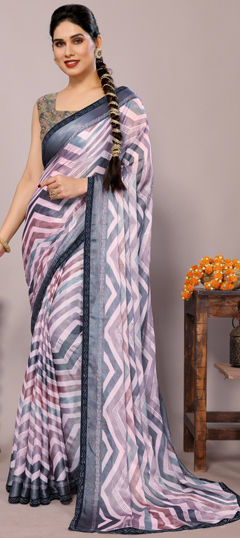 Pink and Majenta color Saree in Chiffon fabric with Lace, Lehariya, Printed work