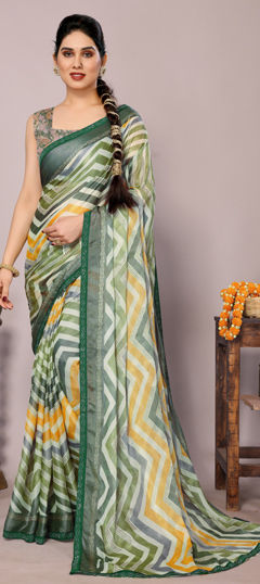 Green color Saree in Chiffon fabric with Lace, Lehariya, Printed work