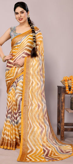 Yellow color Saree in Chiffon fabric with Lace, Lehariya, Printed work