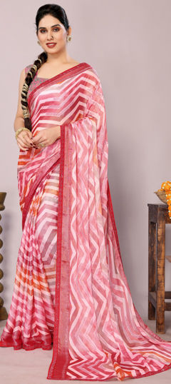 Red and Maroon color Saree in Chiffon fabric with Lace, Lehariya, Printed work
