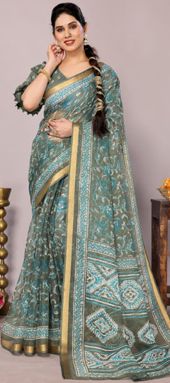 Green color Saree in Kota Doria Silk fabric with Floral, Printed work