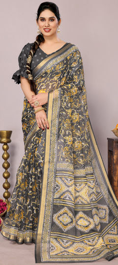 Black and Grey color Saree in Kota Doria Silk fabric with Floral, Printed work