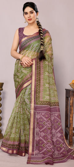 Green color Saree in Kota Doria Silk fabric with Printed work