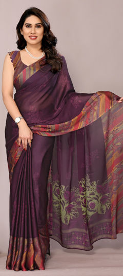 Red and Maroon color Saree in Chiffon fabric with Floral, Lehariya, Printed work
