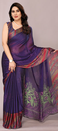 Purple and Violet color Saree in Chiffon fabric with Floral, Lehariya, Printed work