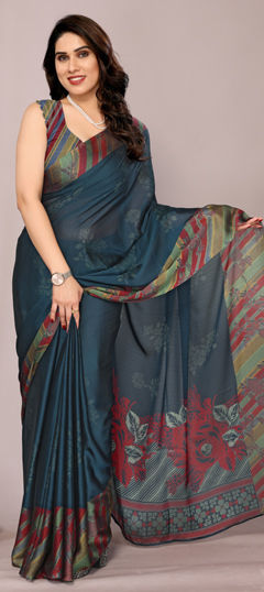Blue color Saree in Chiffon fabric with Floral, Lehariya, Printed work