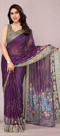 Red and Maroon color Saree in Chiffon fabric with Floral, Printed work