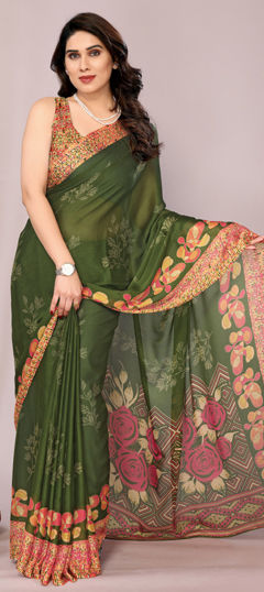 Green color Saree in Chiffon fabric with Floral, Printed work