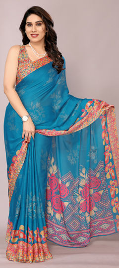 Blue color Saree in Chiffon fabric with Floral, Printed work