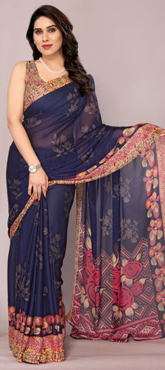 Blue color Saree in Chiffon fabric with Floral, Printed work