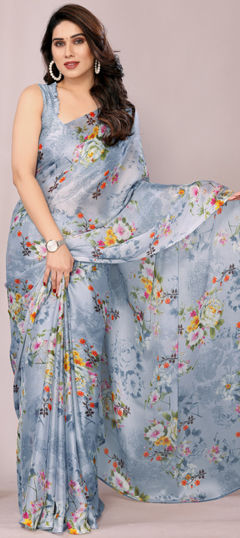 Blue color Saree in Chiffon fabric with Floral, Printed work