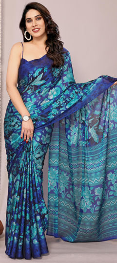 Blue color Saree in Chiffon fabric with Floral, Printed work