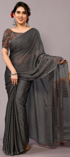Black and Grey color Saree in Chiffon fabric with Printed work