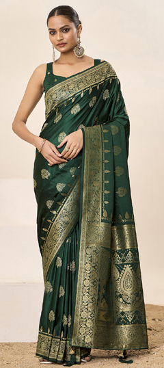 Green color Saree in Satin Silk fabric with Weaving work