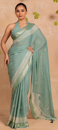 Green color Saree in Georgette fabric with Bandhej, Printed work