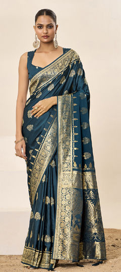 Blue color Saree in Satin Silk fabric with Weaving work