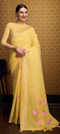 Yellow color Saree in Linen fabric with Weaving work