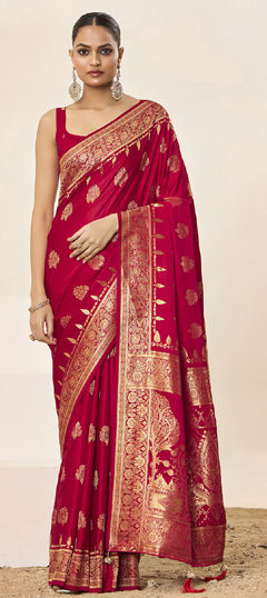 Red and Maroon color Saree in Satin Silk fabric with Weaving work