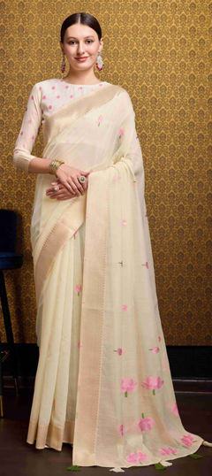 Beige and Brown color Saree in Linen fabric with Weaving work