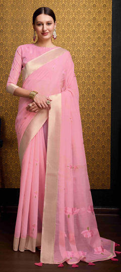 Pink and Majenta color Saree in Linen fabric with Weaving work