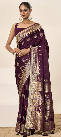 Purple and Violet color Saree in Satin Silk fabric with Weaving work