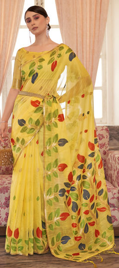Yellow color Saree in Cotton fabric with Printed work