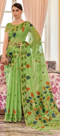 Green color Saree in Cotton fabric with Printed work