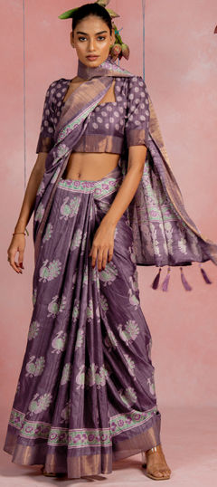 Purple and Violet color Saree in Blended Cotton fabric with Printed work