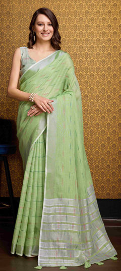 Green color Saree in Organza Silk fabric with Weaving work