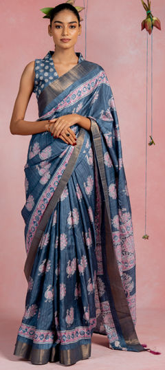 Blue color Saree in Blended Cotton fabric with Printed work