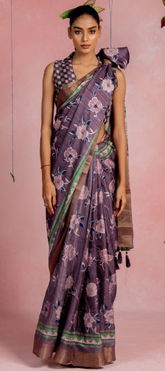 Purple and Violet color Saree in Blended Cotton fabric with Floral, Printed work